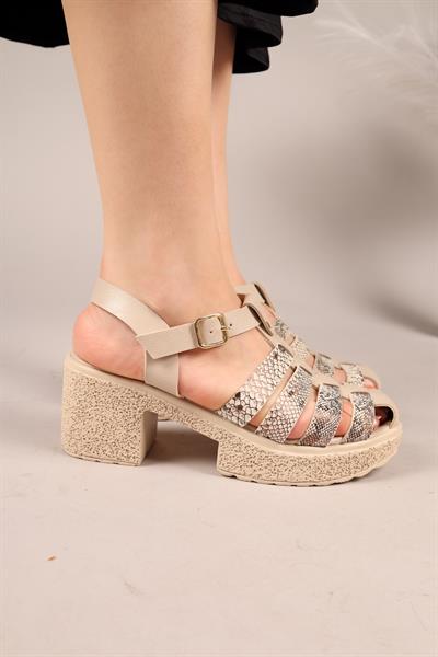 FİONEL Kafesli Topuklu Sandalet BEJ