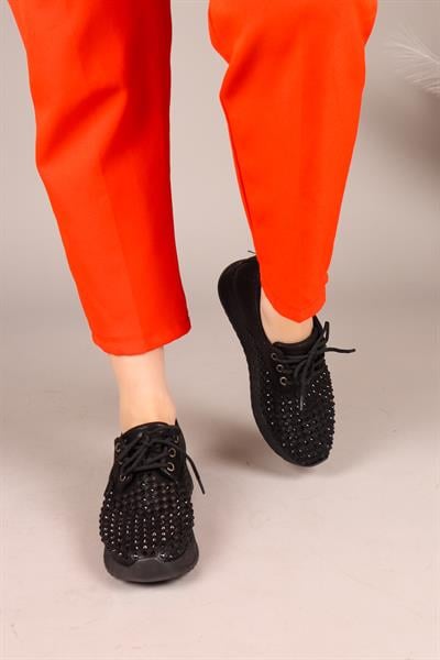 FLUFF Lazerli Taşlı Bağcıklı Sneakers SİYAH