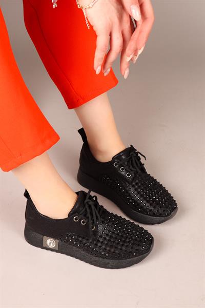 FLUFF Lazerli Taşlı Bağcıklı Sneakers SİYAH