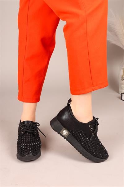 FLUFF Lazerli Taşlı Bağcıklı Sneakers SİYAH