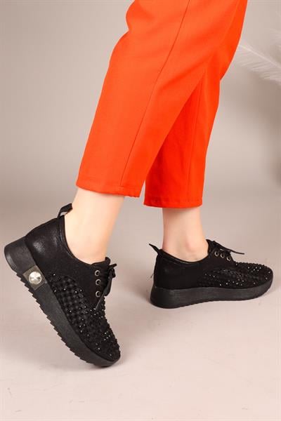 FLUFF Lazerli Taşlı Bağcıklı Sneakers SİYAH
