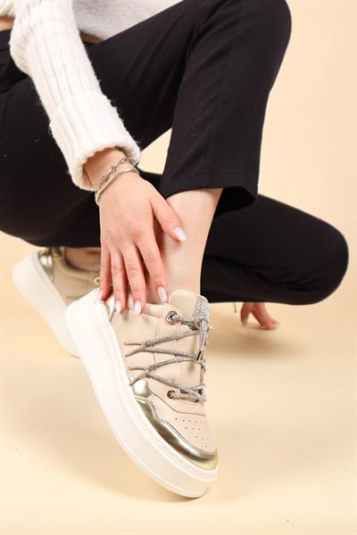 Garnili Taş Bağcıklı Sneakers BEJ