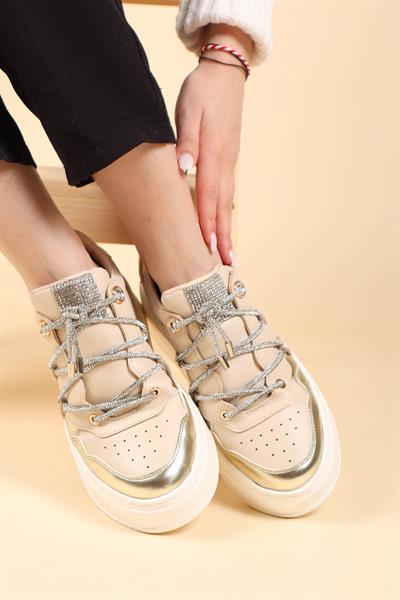 Garnili Taş Bağcıklı Sneakers BEJ