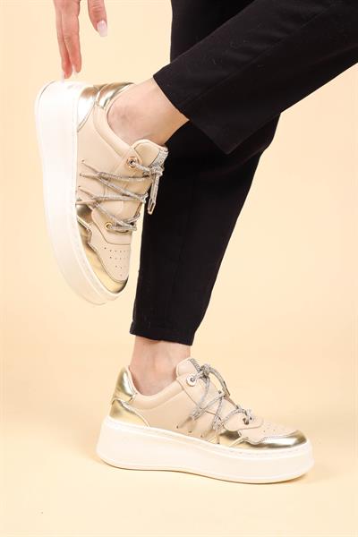 Garnili Taş Bağcıklı Sneakers BEJ