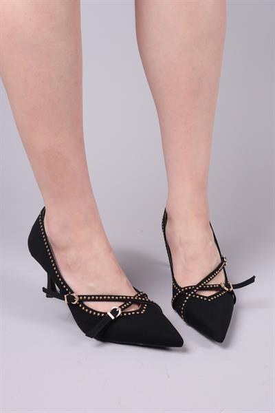 GLIY Gold Aksesuarlı Topuklu Ayakkabı SİYAH