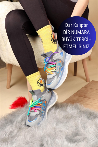 GUJA Renkli Bağcıklı Triko Unisex Spor Ayakkabı GRİ