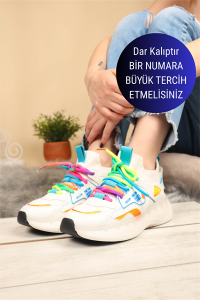 GUJA Renkli Bağcıklı Triko Unisex Spor Ayakkabı BEYAZ