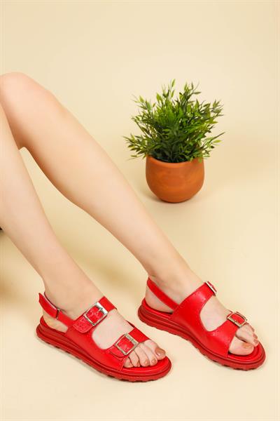 Hakiki Deri Kemer Tokalı Arkası Cırtlı Sandalet KIRMIZI