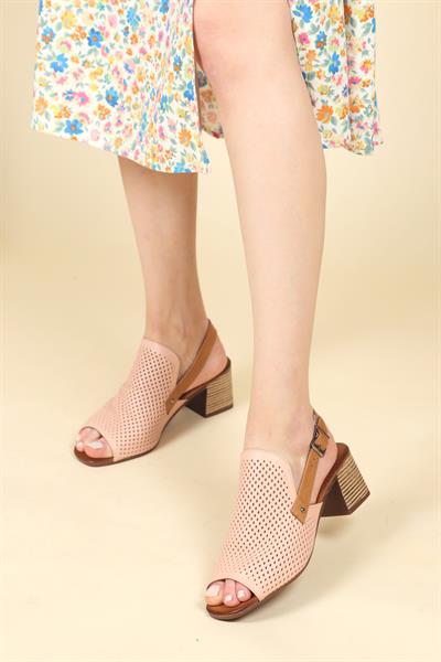 Hakiki Deri Lazerli Burnu Açık Topuklu Ayakkabı PUDRA