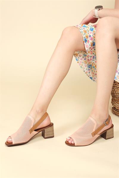 Hakiki Deri Lazerli Burnu Açık Topuklu Ayakkabı PUDRA