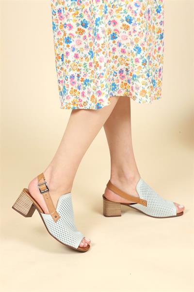 Hakiki Deri Lazerli Burnu Açık Topuklu Ayakkabı MAVİ