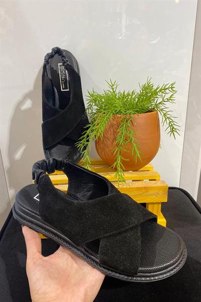 Hakiki Süet Çapraz Sandalet SİYAH