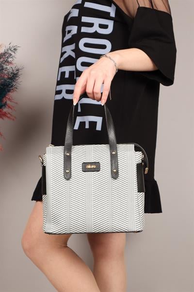 Hasır Baskı Kadın Çanta SİYAH