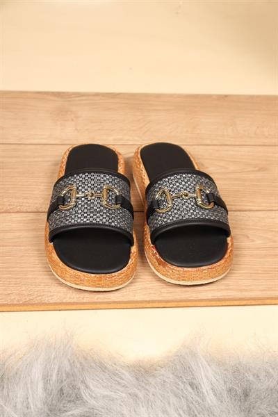 Hasır Garnili Toka Detaylı Terlik SİYAH