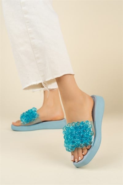 İri Boncuklu Terlik MAVİ