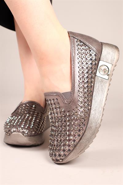 JOYRA Lazerli Taşlı Bağcıksız Sneakers PLATİN