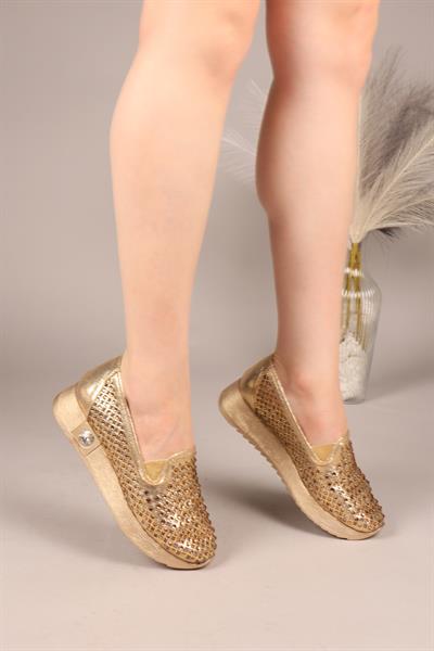 JOYRA Lazerli Taşlı Bağcıksız Sneakers GOLD