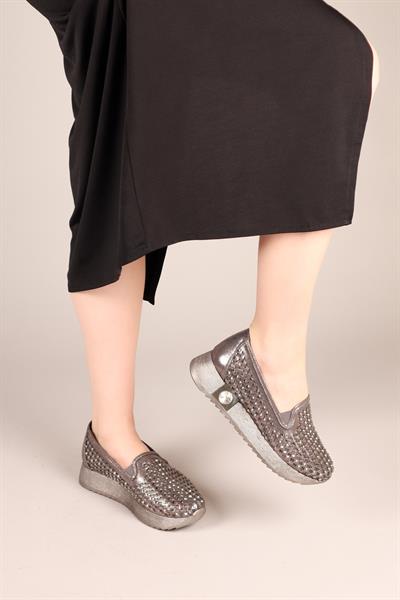 JOYRA Lazerli Taşlı Bağcıksız Sneakers PLATİN