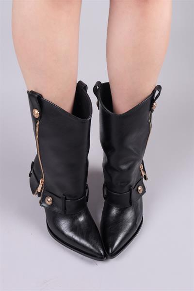 JUNIN Kat Görünümlü Fermuar Aksesuarlı Yarım Çizme SİYAH