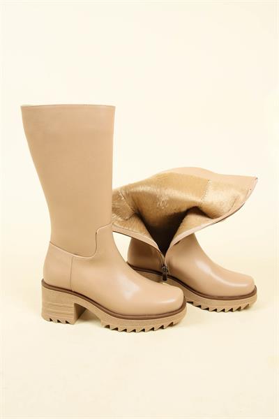 Kalın Topuk Cilt Yarım Çizme NUDE