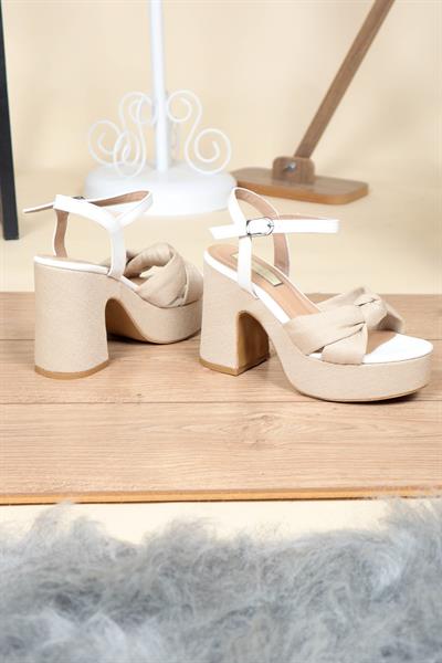 Keten-Cilt Garnili Düğümlü Platform Topuklu BEYAZ