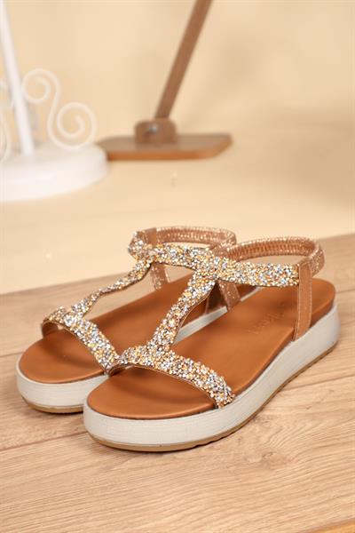 Kırık Taşlı Arkası Lastikli Kalın Taban Sandalet ROSE