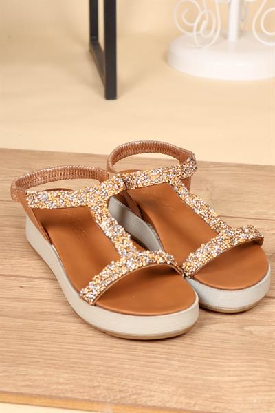 Kırık Taşlı Arkası Lastikli Kalın Taban Sandalet ROSE