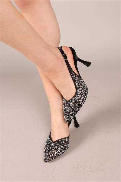 LELANTOS Parlak Taşlı Arkası Açık Stiletto SİYAH