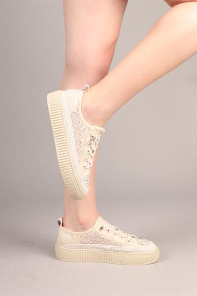LUXORA  Lastik Bağcıklı Dantel Sneakers BEJ