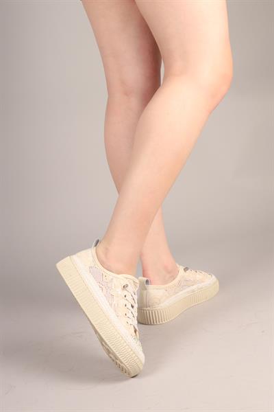 LUXORA  Lastik Bağcıklı Dantel Sneakers BEJ