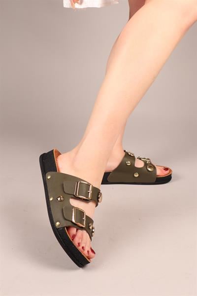 MARTY Yuvarlak Aksesuarlı Çift Tokalı Terlik HAKİ