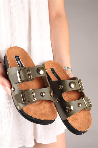 MARTY Yuvarlak Aksesuarlı Çift Tokalı Terlik HAKİ