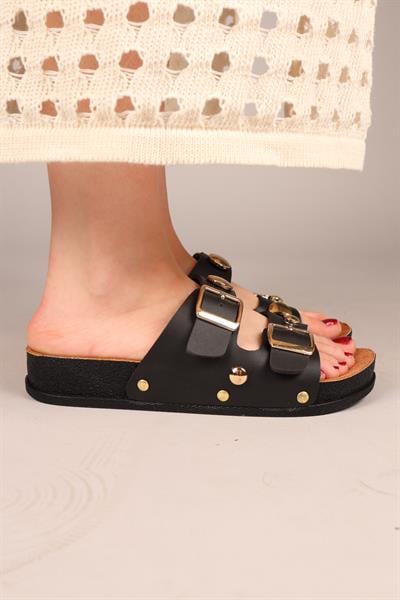 MARTY Yuvarlak Aksesuarlı Çift Tokalı Terlik SİYAH