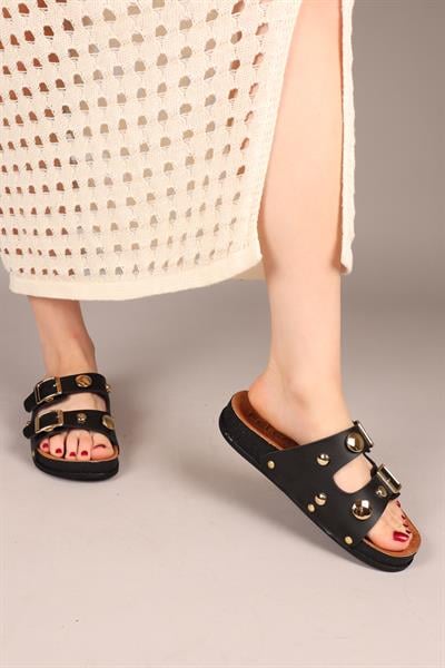 MARTY Yuvarlak Aksesuarlı Çift Tokalı Terlik SİYAH