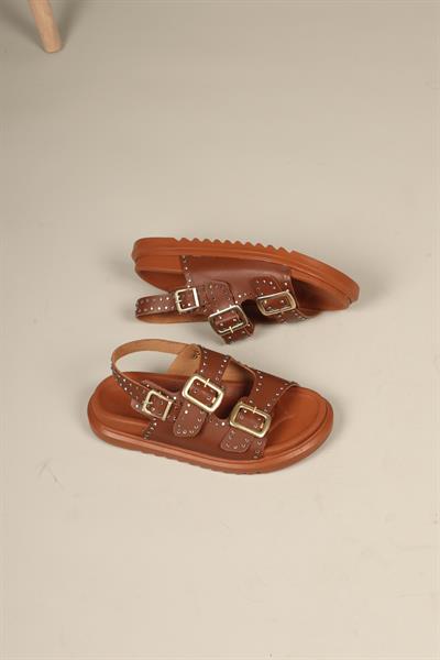 Mila Taşlı Çift Tokalı Arkadan Bağlamalı Sandalet TABA