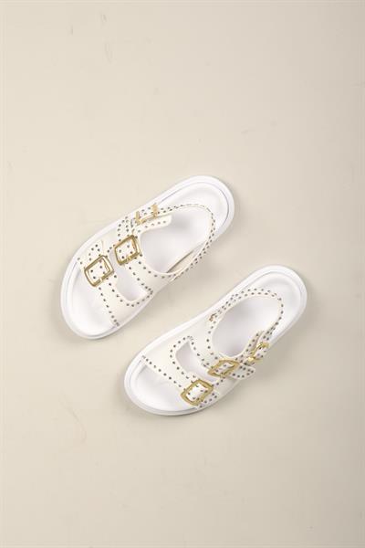 Mila Taşlı Çift Tokalı Arkadan Bağlamalı Sandalet BEYAZ
