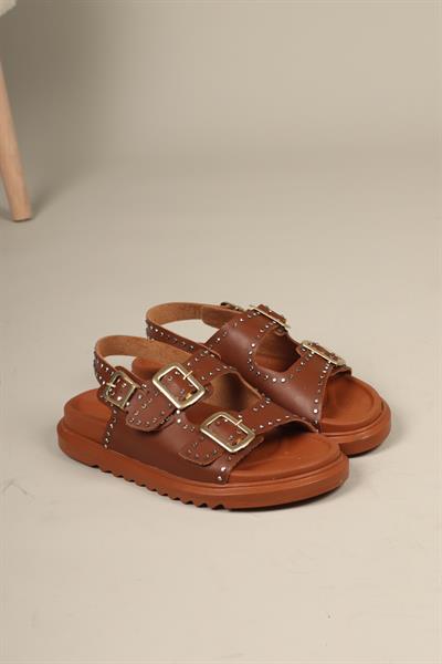 Mila Taşlı Çift Tokalı Arkadan Bağlamalı Sandalet TABA