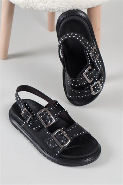 Mila Taşlı Çift Tokalı Arkadan Bağlamalı Sandalet SİYAH