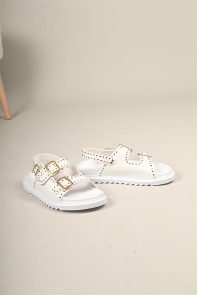 Mila Taşlı Çift Tokalı Arkadan Bağlamalı Sandalet BEYAZ