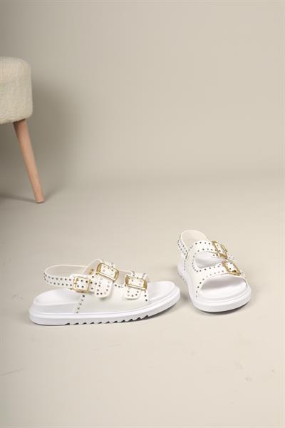Mila Taşlı Çift Tokalı Arkadan Bağlamalı Sandalet BEYAZ