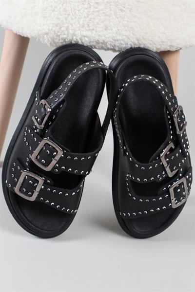 Mila Taşlı Çift Tokalı Arkadan Bağlamalı Sandalet SİYAH