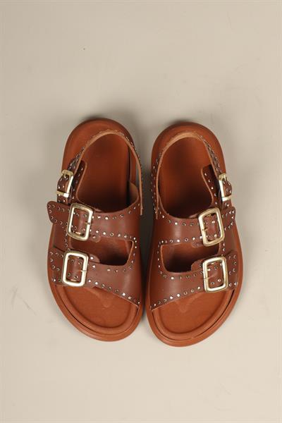 Mila Taşlı Çift Tokalı Arkadan Bağlamalı Sandalet TABA