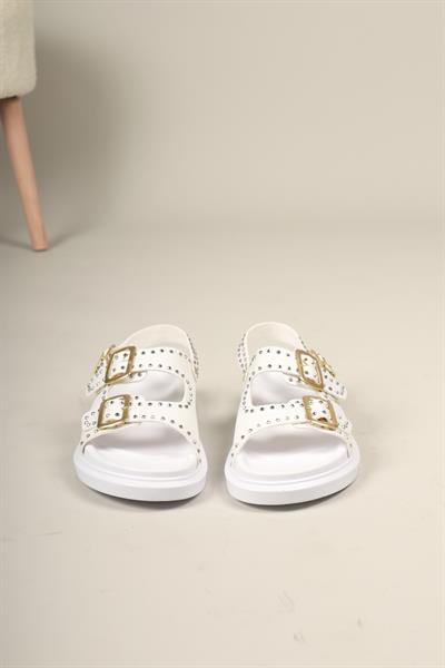Mila Taşlı Çift Tokalı Arkadan Bağlamalı Sandalet BEYAZ