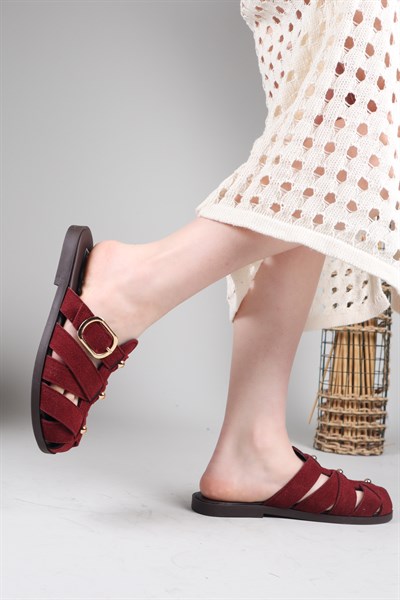 MOCHUDİ Çapraz Burnu Kapalı Süet Terlik BORDO