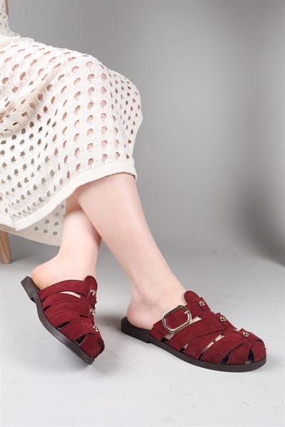 MOCHUDİ Çapraz Burnu Kapalı Süet Terlik BORDO