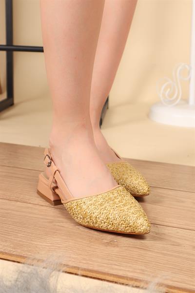 Önü Kapalı Arkası Açık Hasır Topuklu Babet TEN