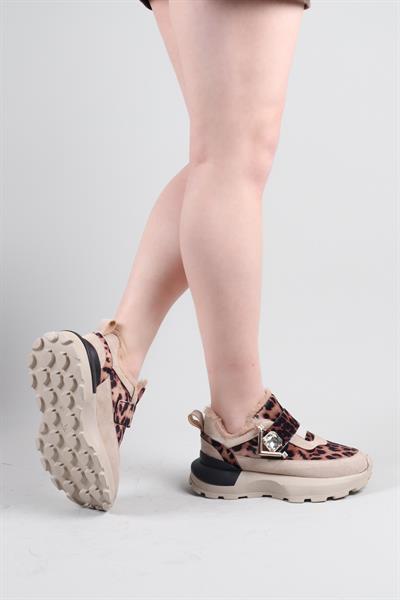 ELRA İçi Kürklü Leopar Desenli Sneakers BEJ