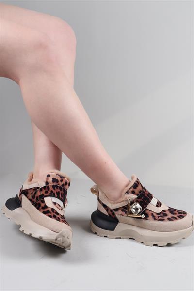 ELRA İçi Kürklü Leopar Desenli Sneakers BEJ