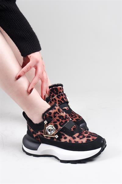 ELRA İçi Kürklü Leopar Desenli Sneakers SİYAH