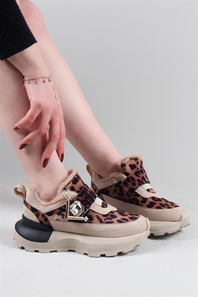 ELRA İçi Kürklü Leopar Desenli Sneakers BEJ